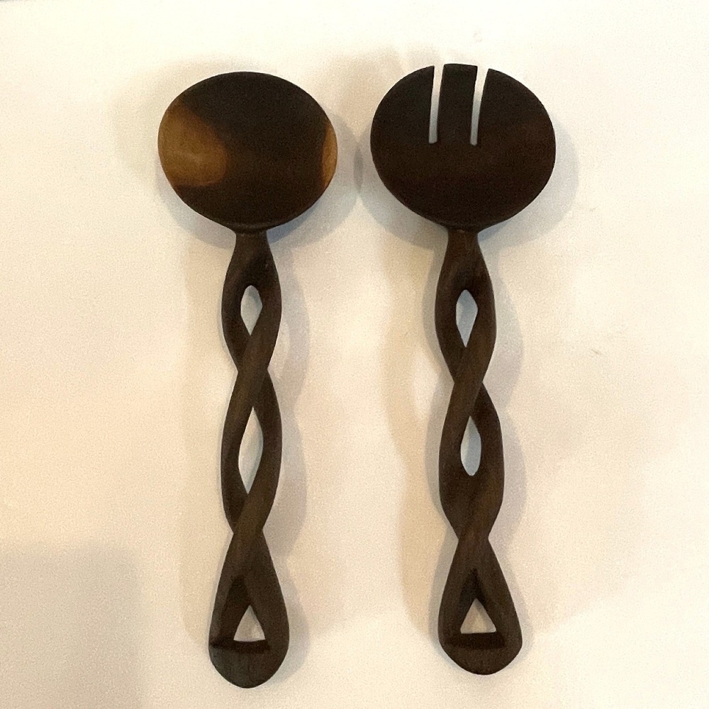 Hand Carved Wood Salad Servers Double Twist Spiral Handle Set 11.5 Inch Boho